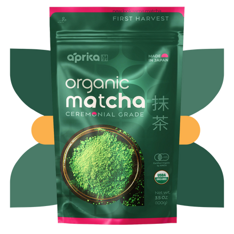 Aprika's Organic Japanese Ceremonial Grade Matcha Green Tea Powder is a vibrant green, USDA-certified organic product made in Japan, ensuring an authentic and pure experience.