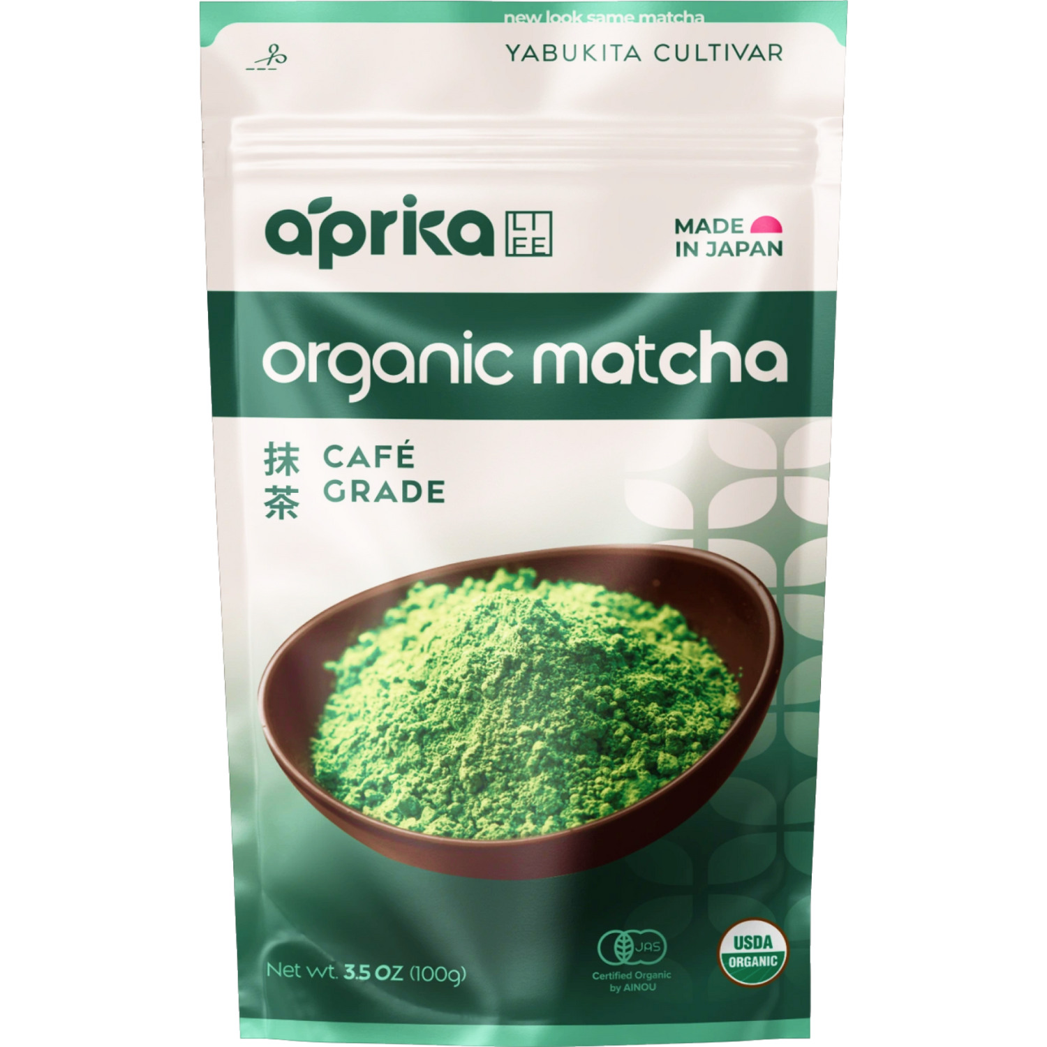 A green and white package labeled café-grade features the name "Organic Japanese Matcha Green Tea Powder" and showcases a bowl of vibrant matcha on the front.