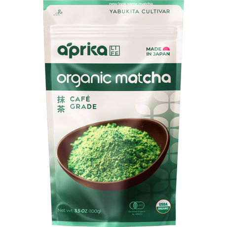 A green and white package labeled café-grade features the name "Organic Japanese Matcha Green Tea Powder" and showcases a bowl of vibrant matcha on the front.