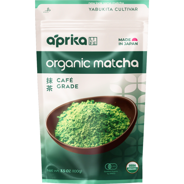 A green and white package labeled café-grade features the name "Organic Japanese Matcha Green Tea Powder" and showcases a bowl of vibrant matcha on the front.