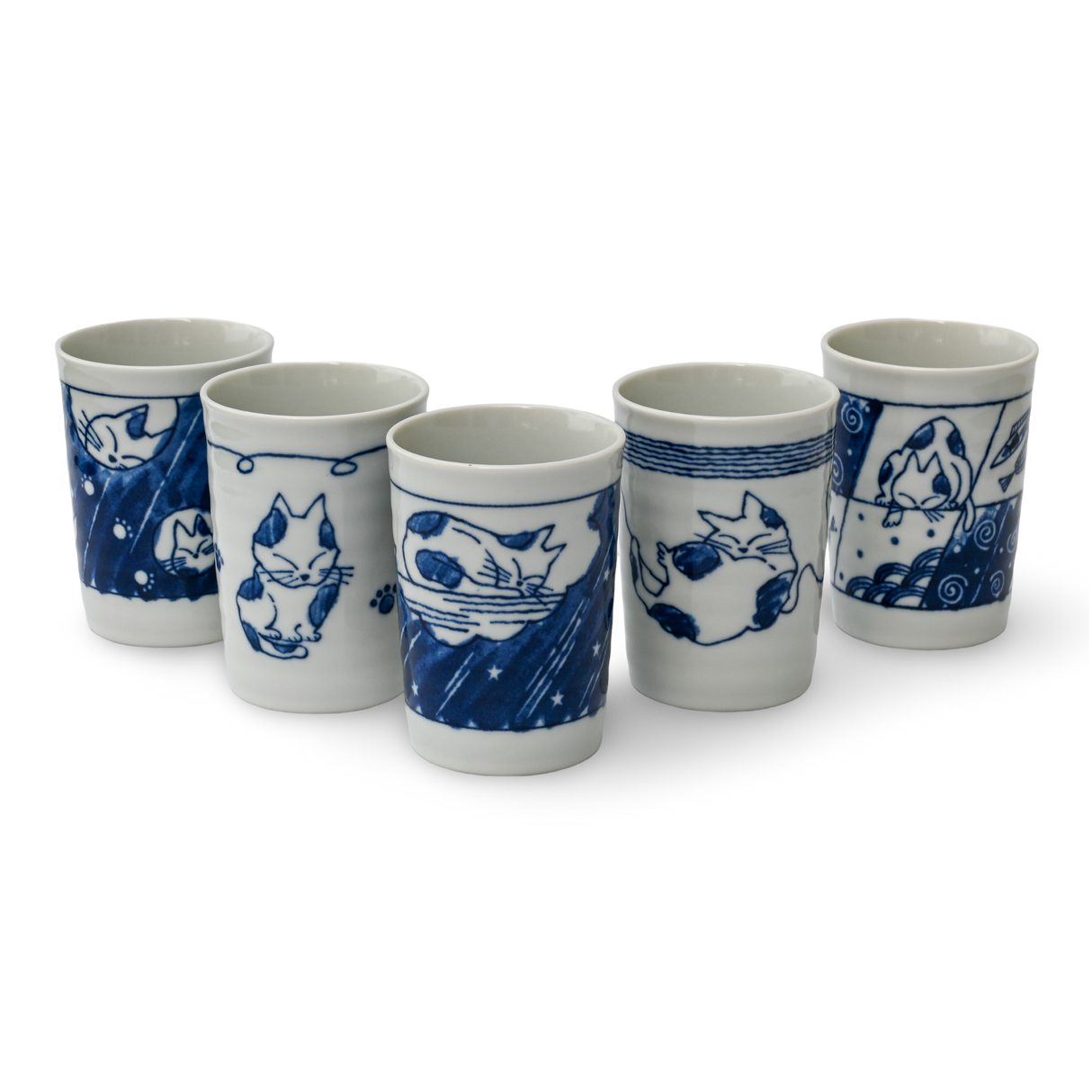 This Set of 5 Adorable Cat Tea Cups features charming blue and white Mino-Ware designs, each cup holding 180ml (6oz.), perfect for enjoying your favorite tea.