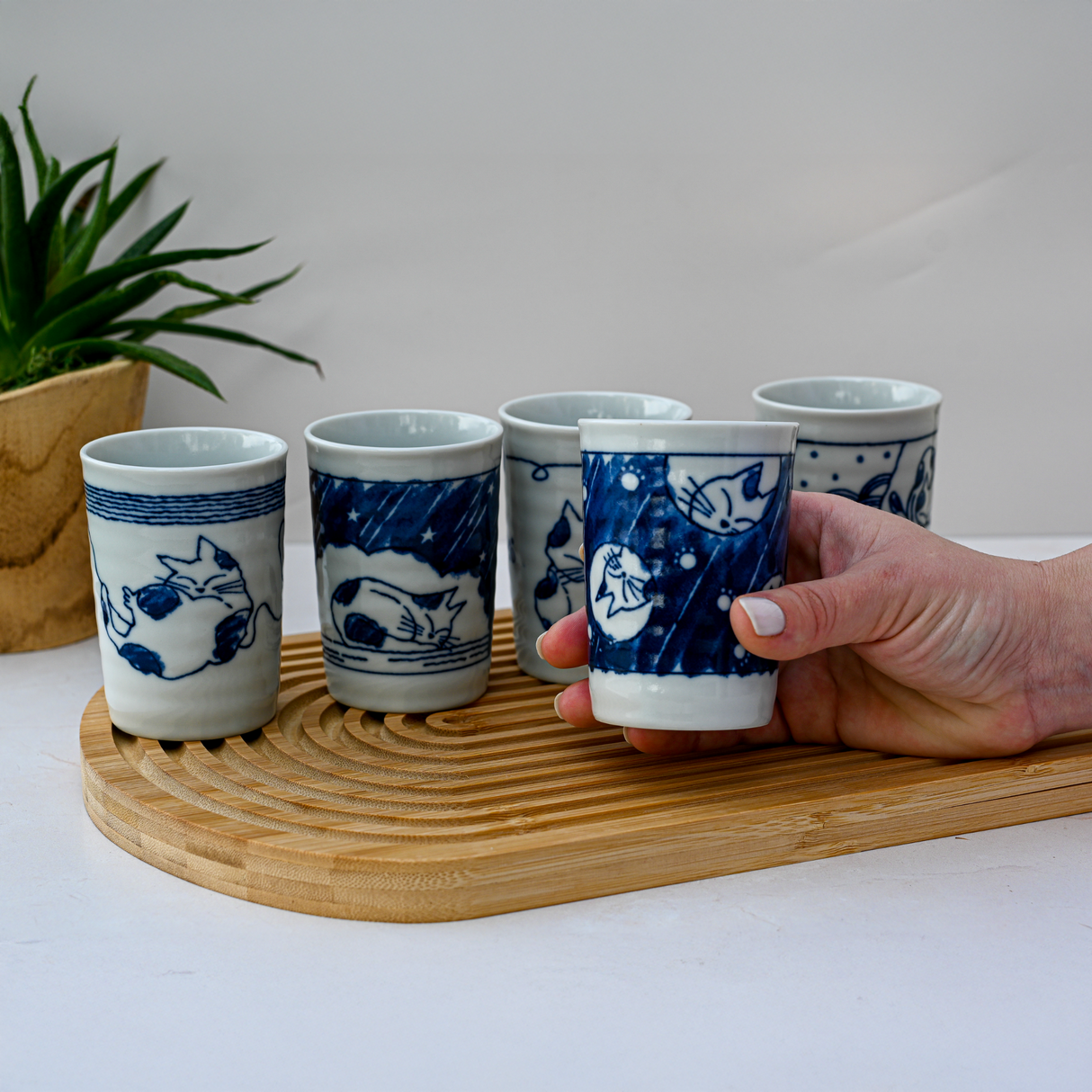 A hand holds a cup from the Set of 5 Adorable Cat Tea Cups, Blue & White Mino-Ware, 180ml (6oz.), with four matching cups on a wooden tray, highlighting charming Japanese design.