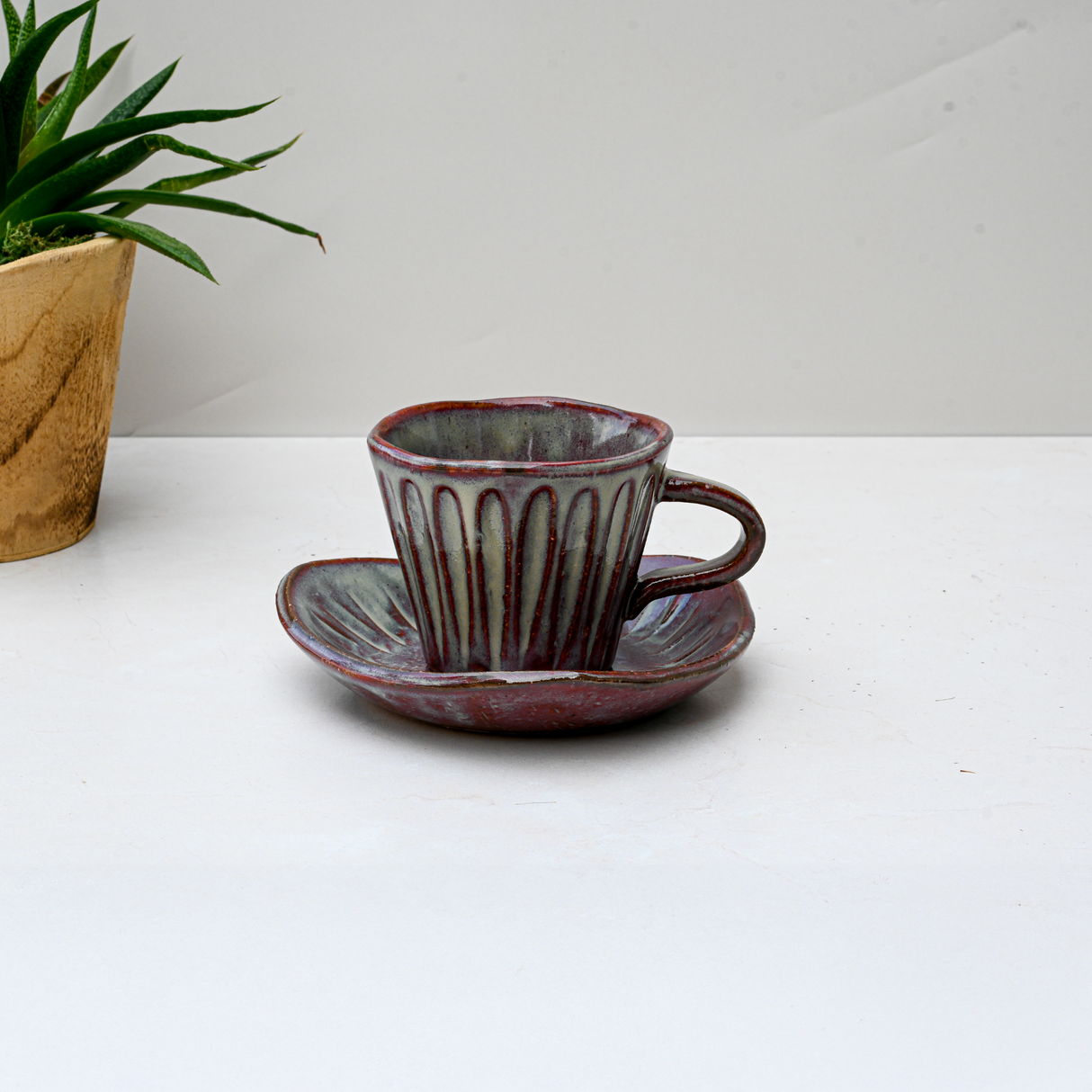 The Shibu Yunomi Japanese Tea Cup with Saucer, featuring vertical ridges and handmade appeal, is displayed next to a potted plant on a white surface.