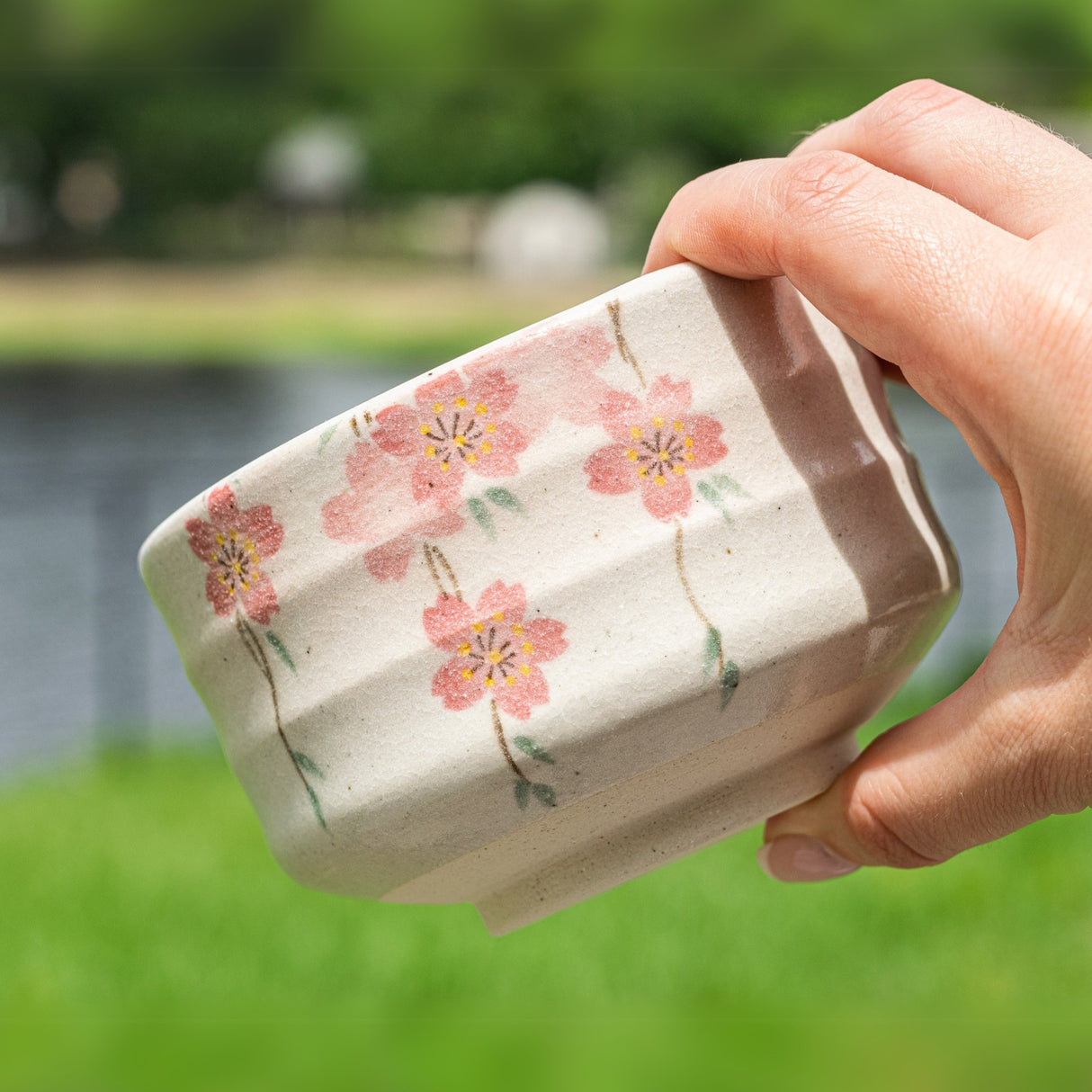 A hand holds the Pink Sakura Flowers Ceramic Matcha Bowl from the Matcha Bowl, Bamboo Whisk, and Whisk Holder Set, its cherry blossom design showcasing traditional Japanese elegance beside a grassy area near water.