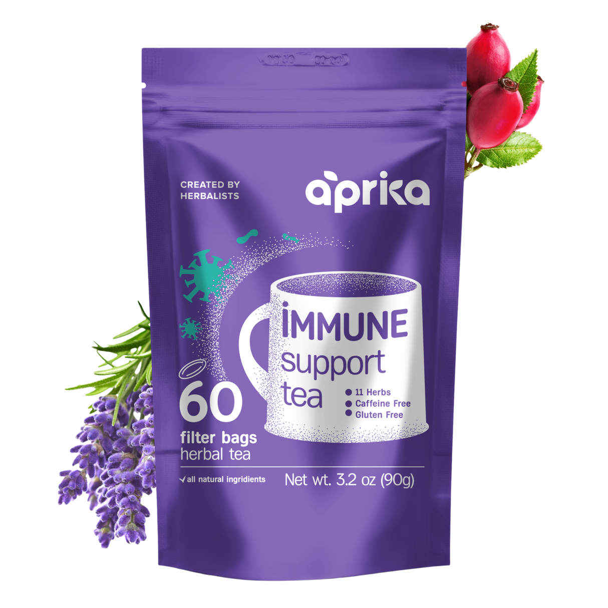 Purple package of Immune System Support Herbal Tea with lavender and rose hips, offering natural immune support; includes 60 bags.
