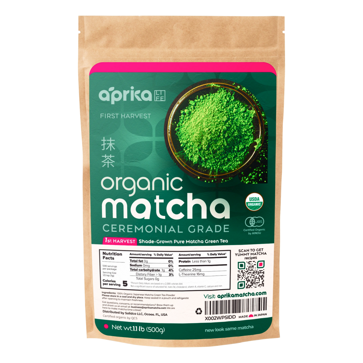 A brown bag of Aprika's "Organic Japanese Ceremonial Grade Matcha Green Tea Powder (WHOLESALE)" includes nutritional info and a QR code, boasting the finest 1st harvest tea.