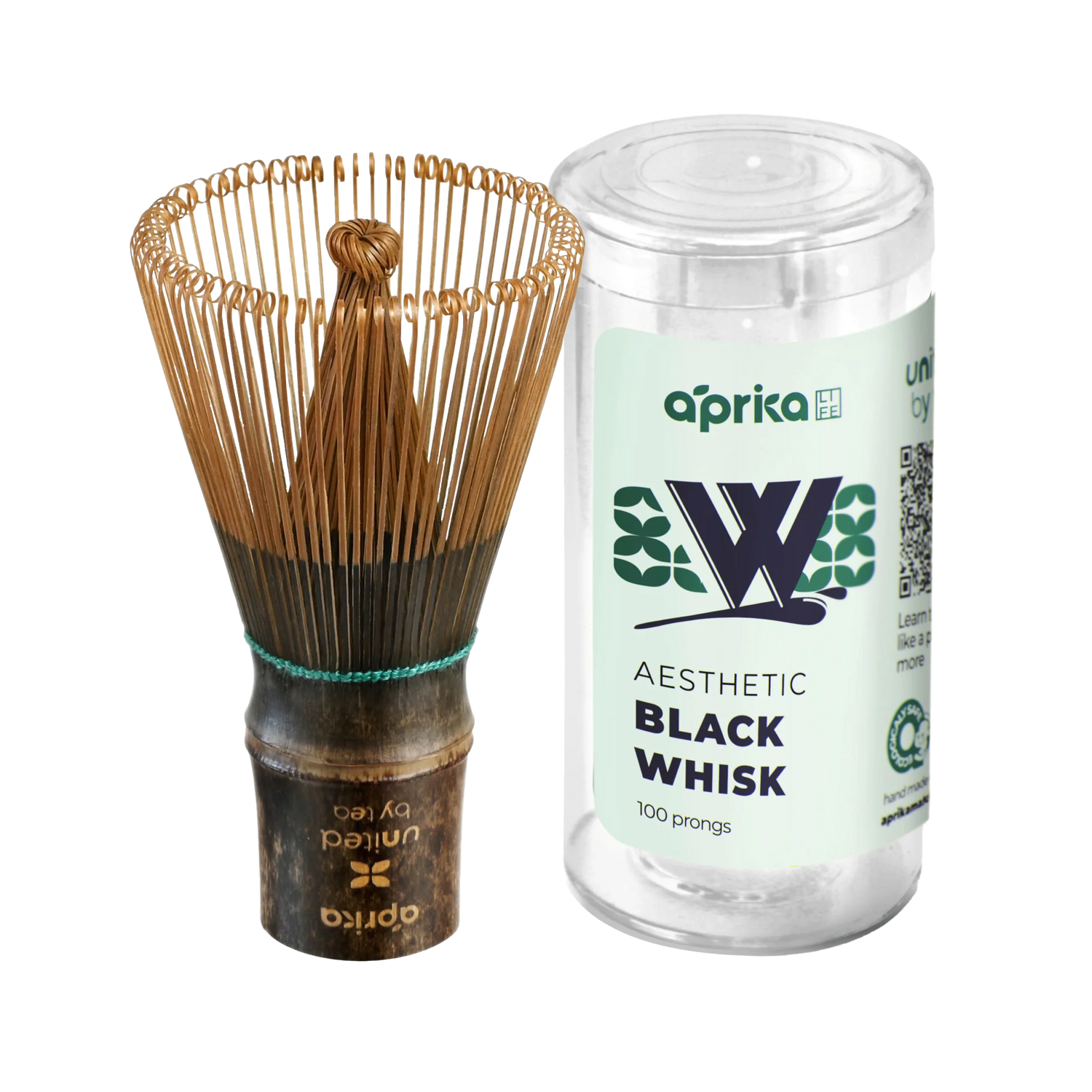 The Dark Matcha Bamboo Whisk (100 Prongs) comes with a container, ideal for ceremonial Matcha tea preparation. Labeled "aesthetic black whisk," it's a unique gift for tea enthusiasts seeking both style and functionality.