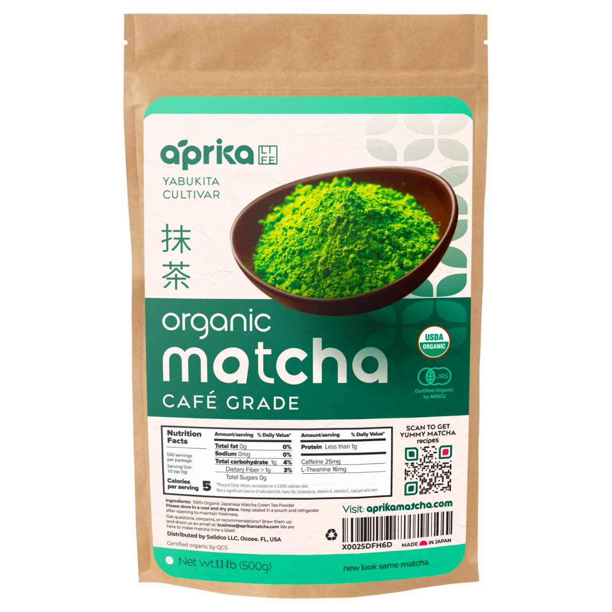 A 500g bag of Organic Japanese Matcha Green Tea Powder made from top-quality Japanese Yabukita leaves, showcasing nutrition details and a lively green matcha image on its packaging.