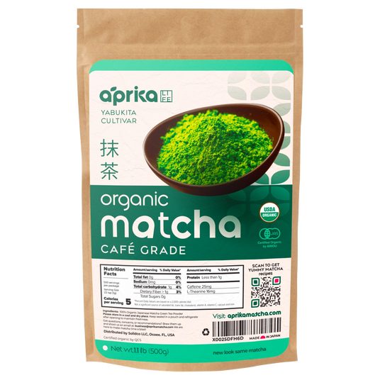 A 500g bag of Organic Japanese Matcha Green Tea Powder made from top-quality Japanese Yabukita leaves, showcasing nutrition details and a lively green matcha image on its packaging.