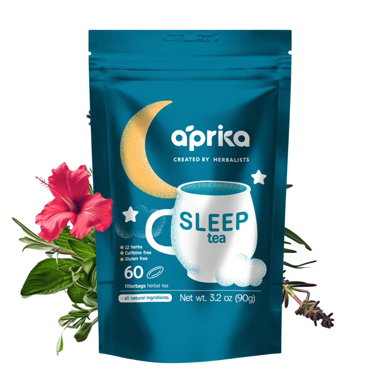 Blue package of Herbal Sleep Tea With Sleep Guide, 60 Bags, featuring a moon and teacup design, surrounded by all-natural herbs and hibiscus. Caffeine-free for peaceful nights.
