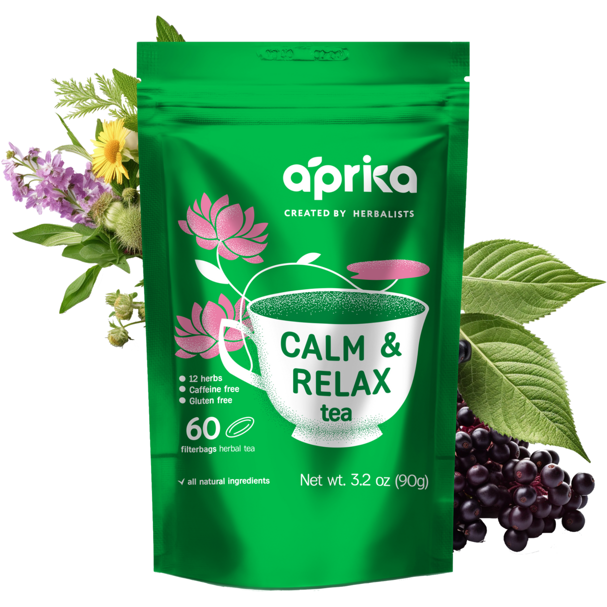 The "Calm and Relax Herbal Tea, 60 Bags" package, infused with natural herbs for stress relief, features a cup graphic adorned with floral and herbal designs.