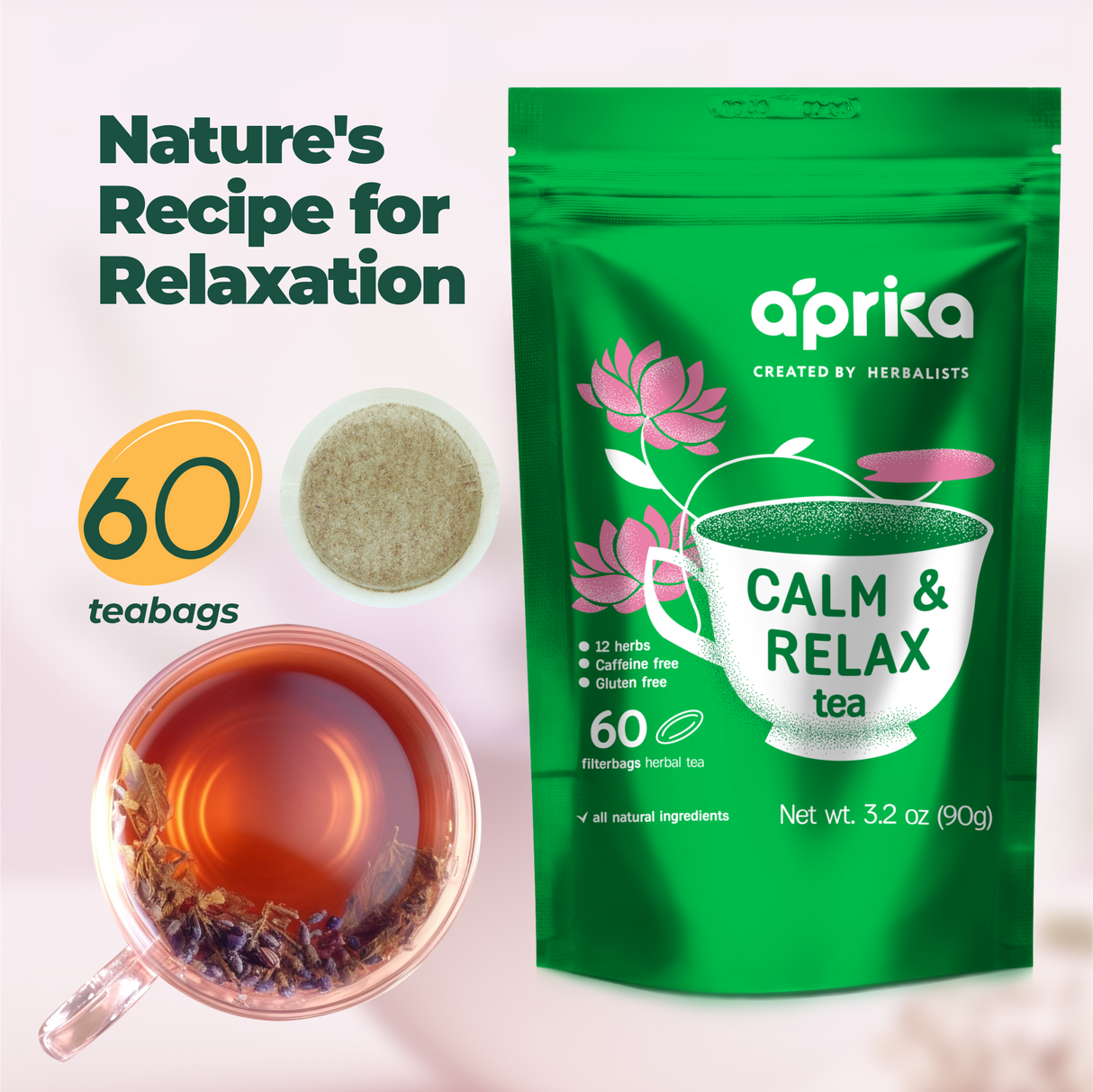 The "Calm and Relax Herbal Tea, 60 Bags" package is beside a teacup with stress relief herbal tea.