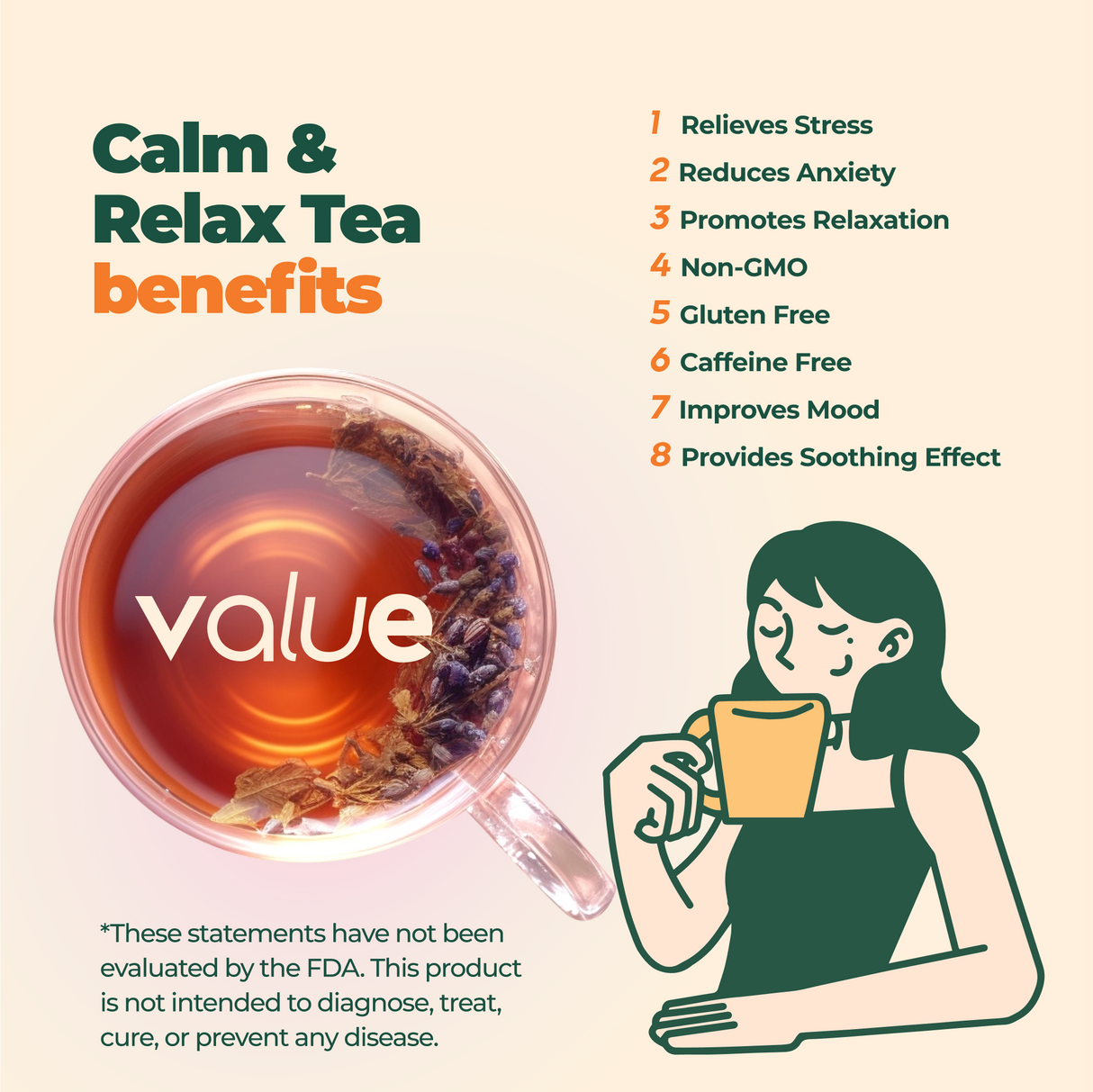 While savoring a cup of Calm and Relax Herbal Tea, 60 Bags, a woman reflects on its benefits like stress relief, relaxation, and improved sleep.