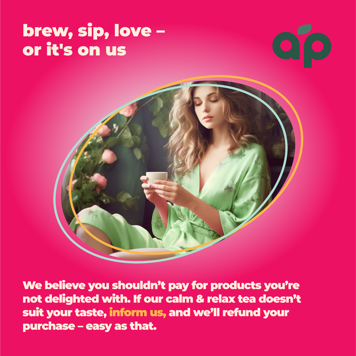 A woman wearing a green robe holds tea against a pink backdrop, symbolizing stress relief and better sleep. Calm and Relax Herbal Tea, 60 Bags, is a natural choice with a satisfaction guarantee.