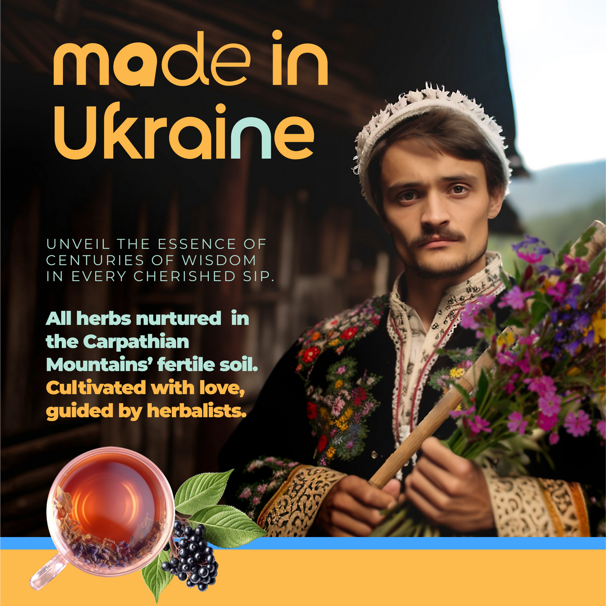 A man in traditional attire holds flowers, embodying Calm and Relax Herbal Tea from Ukraine, celebrated for its stress-relief benefits.