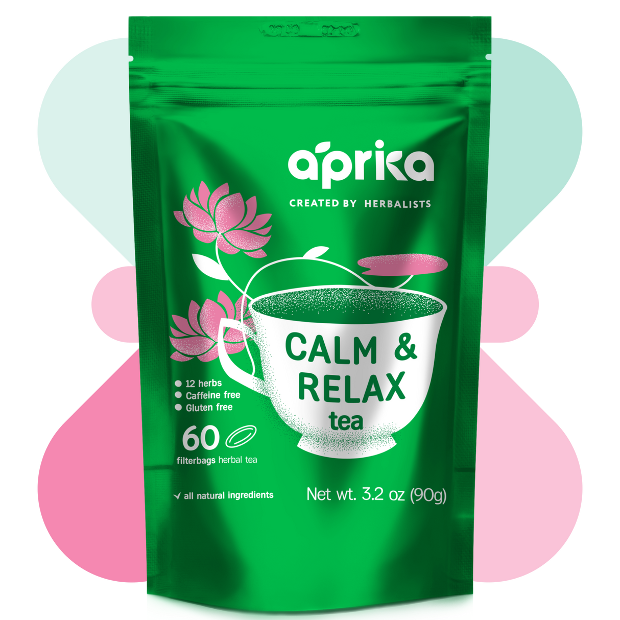 Calm and Relax Herbal Tea, 60 Bags features a teacup illustration on a pastel abstract background, ideal for stress relief and better sleep. Enjoy a soothing experience in every sip with this natural herbal tea.