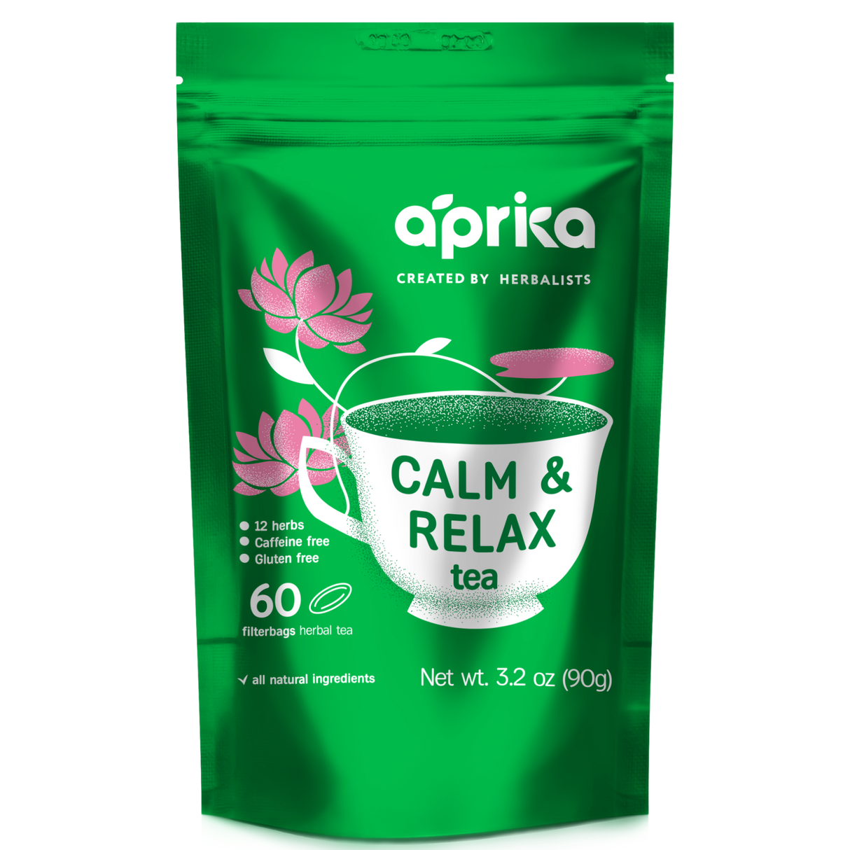The "Calm and Relax Herbal Tea" package features a teacup and pink flowers, offering 60 bags designed for stress relief. This natural tea promotes gentle sleep improvement, helping you unwind with every soothing sip.
