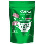 The "Calm and Relax Herbal Tea" package features a teacup and pink flowers, offering 60 bags designed for stress relief. This natural tea promotes gentle sleep improvement, helping you unwind with every soothing sip.