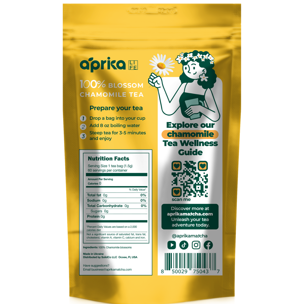 Golden pouch of 100% Pure Chamomile Herbal Tea, 60 Bags, offers calming properties. The back features instructions, nutrition facts, and a QR code to explore its soothing health benefits.
