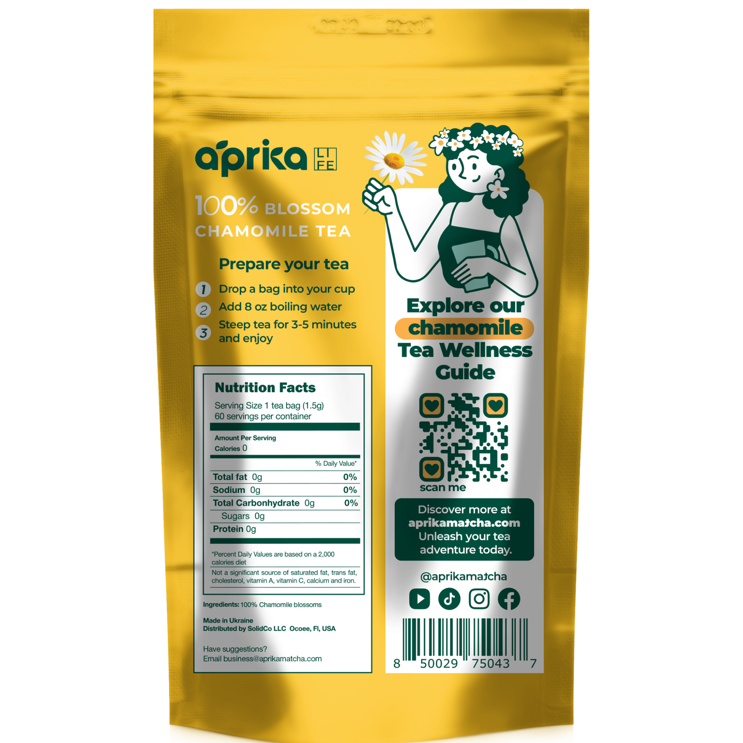 Golden pouch of 100% Pure Chamomile Herbal Tea, 60 Bags, offers calming properties. The back features instructions, nutrition facts, and a QR code to explore its soothing health benefits.