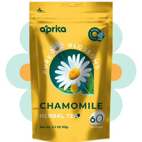 Aprika Pure Blossoms Chamomile Herbal Tea. Great for natural chamomile tea. Best chamomile tea for anxiety. Chamomile tea benefits are huge for everyone.