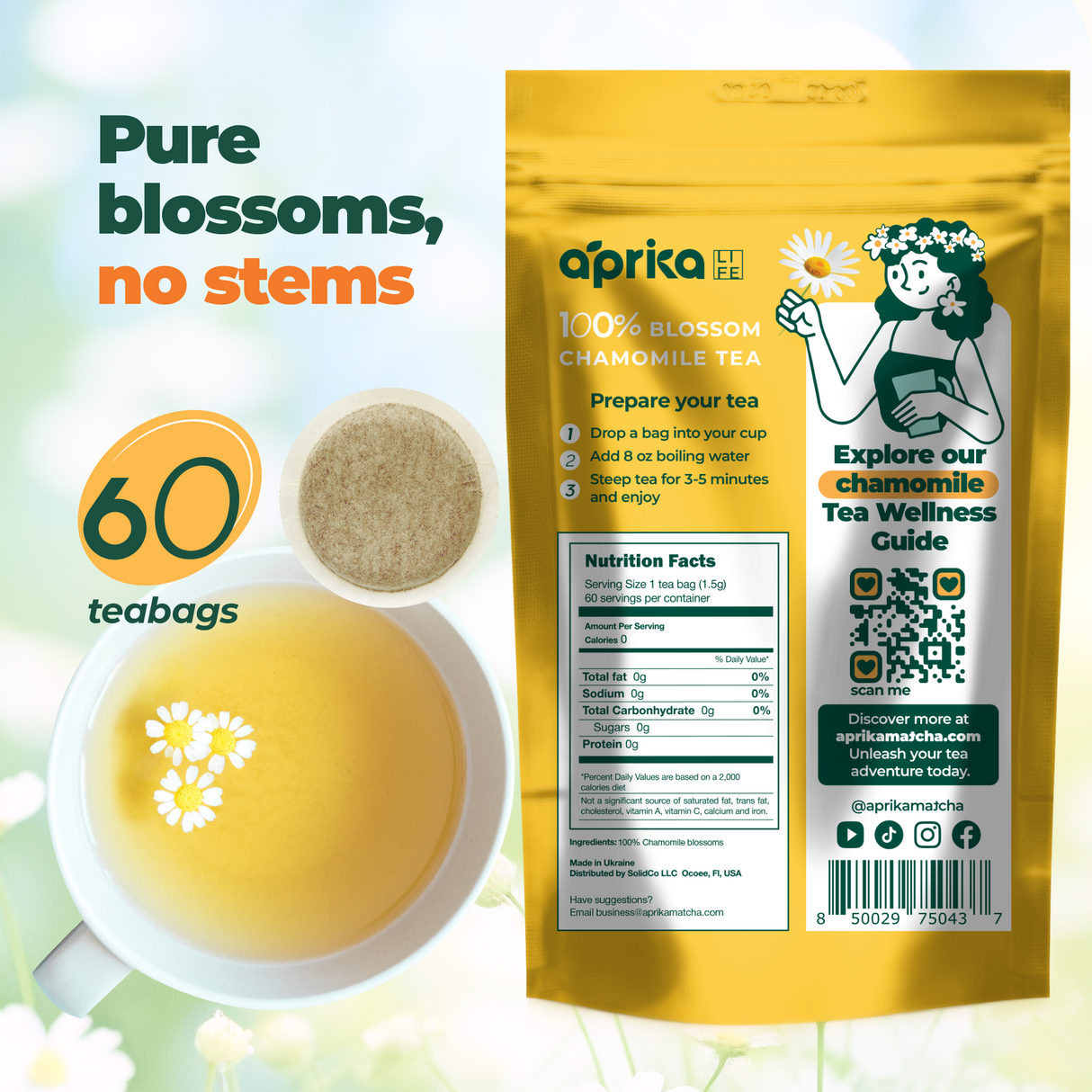 Chamomile tea set with teacup and wellness guide, featuring "100% Pure Chamomile Herbal Tea, 60 Bags" for calming benefits. Text: "Pure blossoms, no stems.