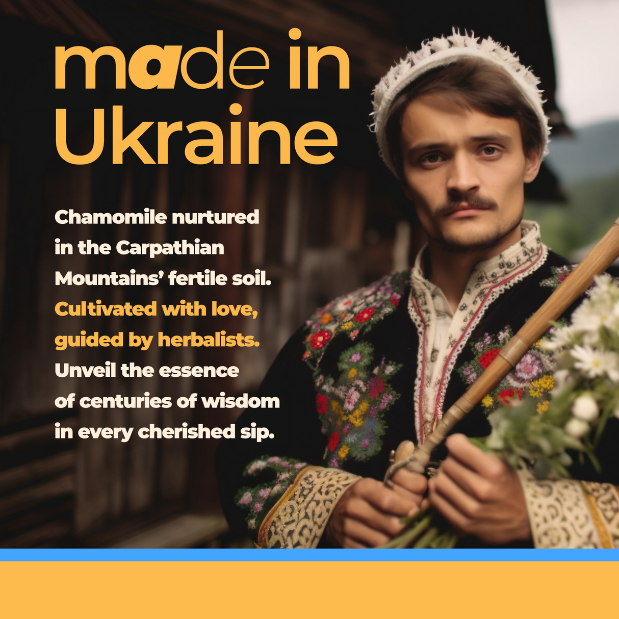 A man in traditional clothing holds flowers, embodying the calming properties and health benefits of 100% Pure Chamomile Herbal Tea. Text reads "Made in Ukraine," celebrating the soothing essence of this chamomile tea with 60 bags per package.