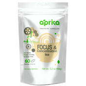 A silver pouch of "Focus & Concentration Herbal Tea, 60 Bags" with green accents emphasizes clarity and product benefits.