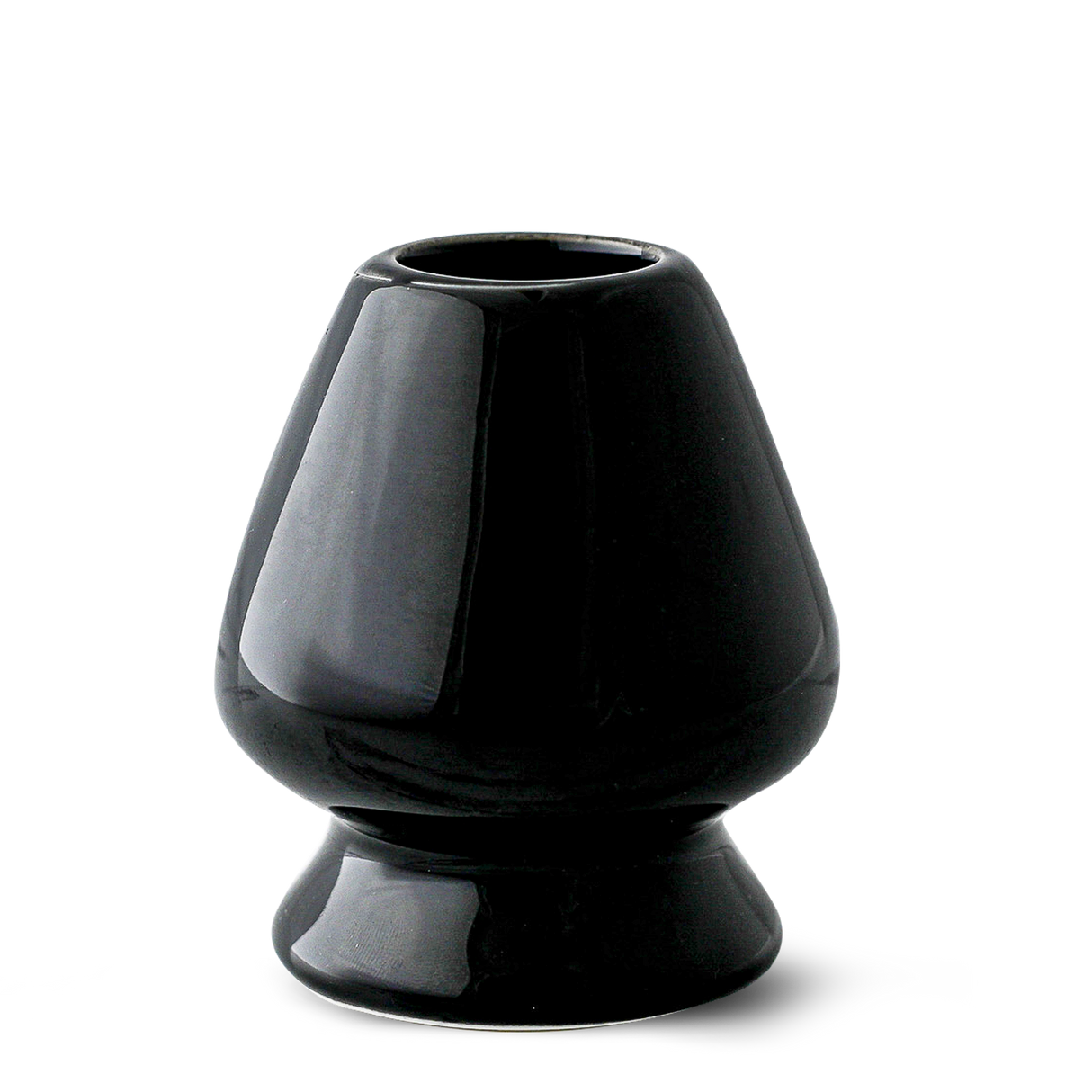 The Black Matcha Whisk Holder from the Black Matcha Whisk Holder and Bamboo Whisk Set exudes a Japanese aesthetic with its glossy ceramic finish, wide base, and narrow top, reminiscent of an elegant matcha whisk holder.