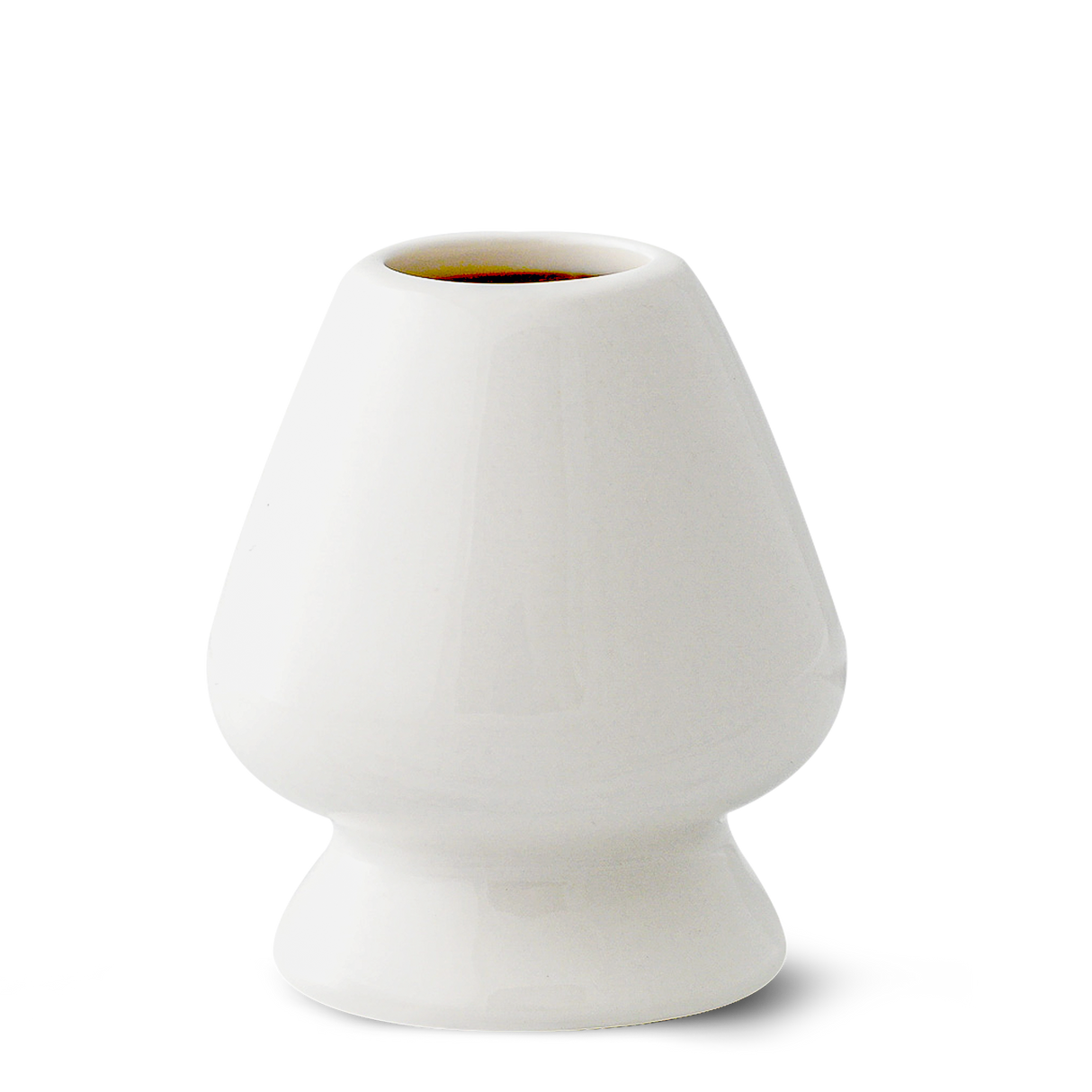 A sleek white ceramic egg cup, hourglass-shaped, effortlessly doubles as a matcha whisk holder, perfect for traditional tea ceremonies.