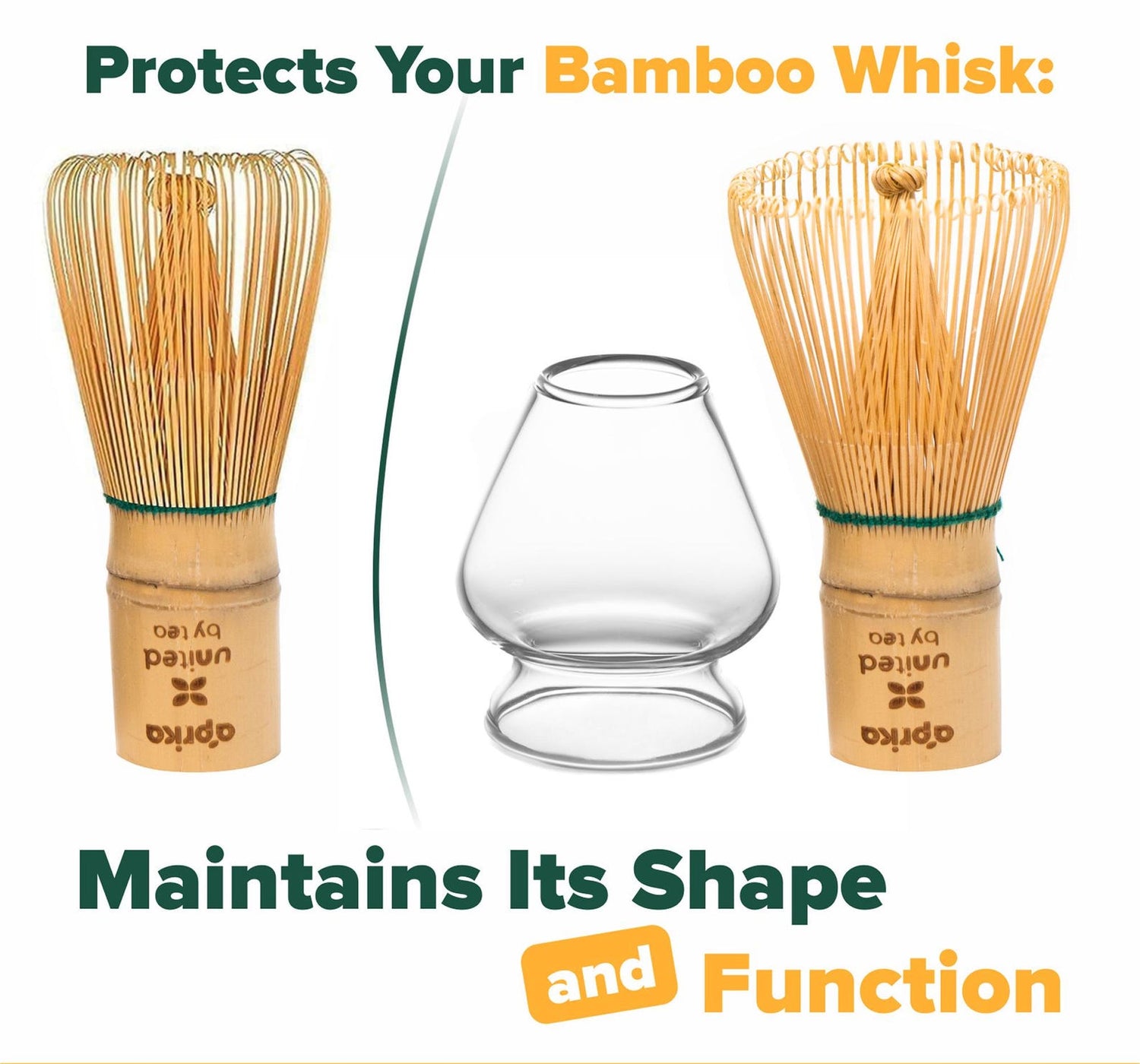 The Clear Glass Matcha Whisk Holder and Bamboo Whisk Set includes two whisks and a glass holder that protects and maintains whisk shape—an essential for your Matcha Tea Set.