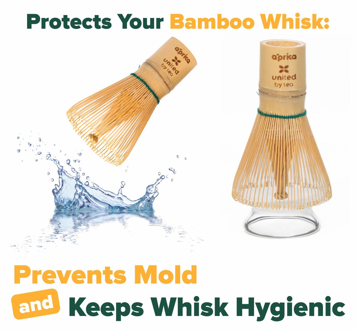 A bamboo whisk rests above a water splash on the Clear Glass Matcha Whisk Holder and Bamboo Whisk Set, showcasing hygienic storage and mold prevention—an essential for any Matcha Tea Set.