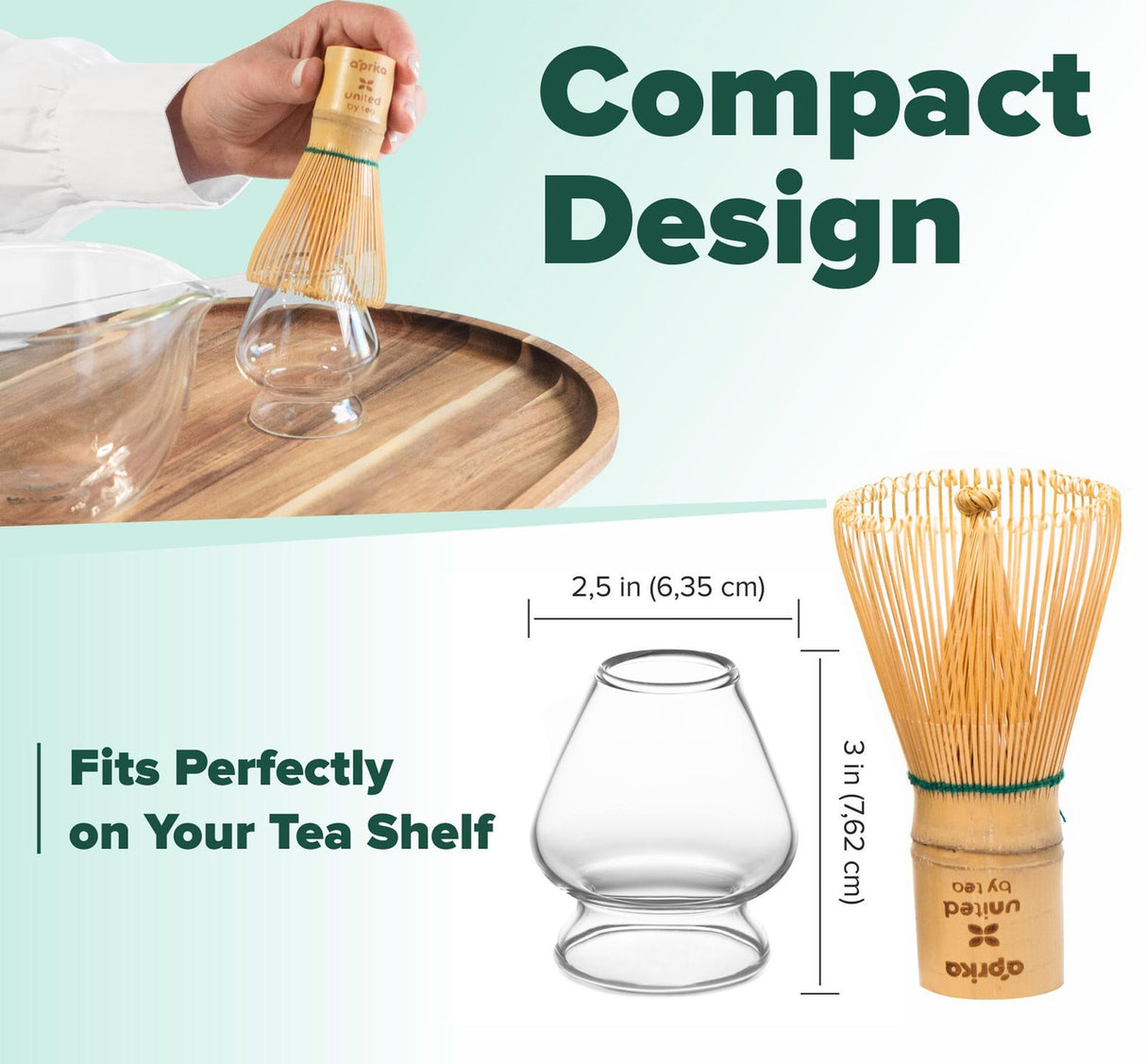 The Clear Glass Matcha Whisk Holder and Bamboo Whisk Set are shown, featuring a hand holding the bamboo whisk over the borosilicate glass holder. Dimensions and compact design details are displayed.