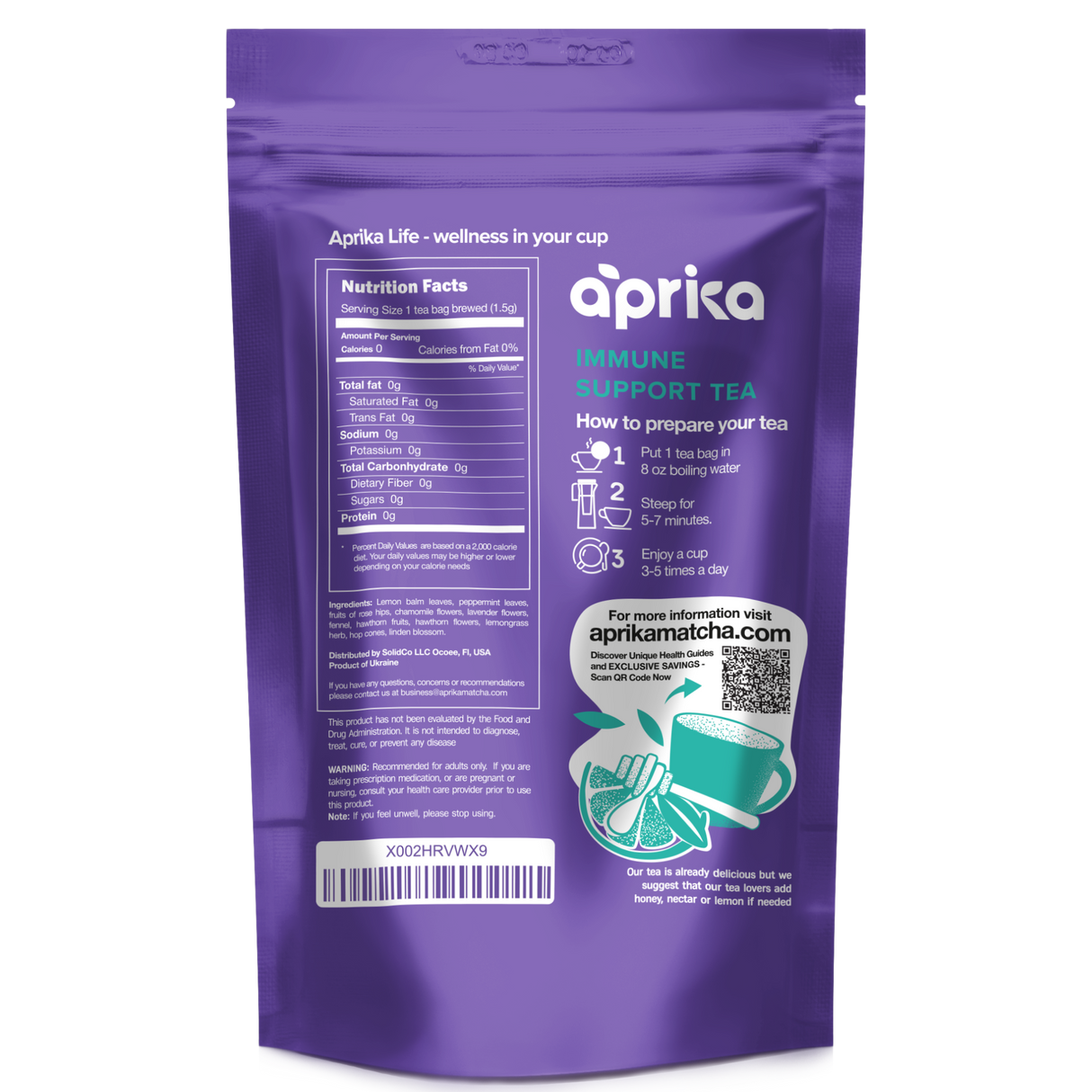 The Immune System Support Herbal Tea, 60 Bags, package includes preparation instructions and full nutrition facts to naturally boost immune health.