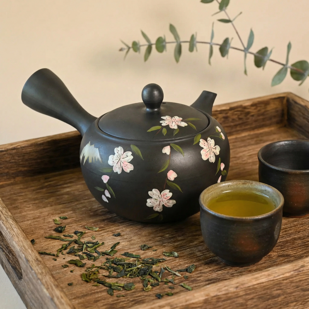 Handmade Dark Brown Pink Sakura Kyusu Teapot: Japanese Loose Leaf Tea Strainer (14.5 fl oz/430ml)