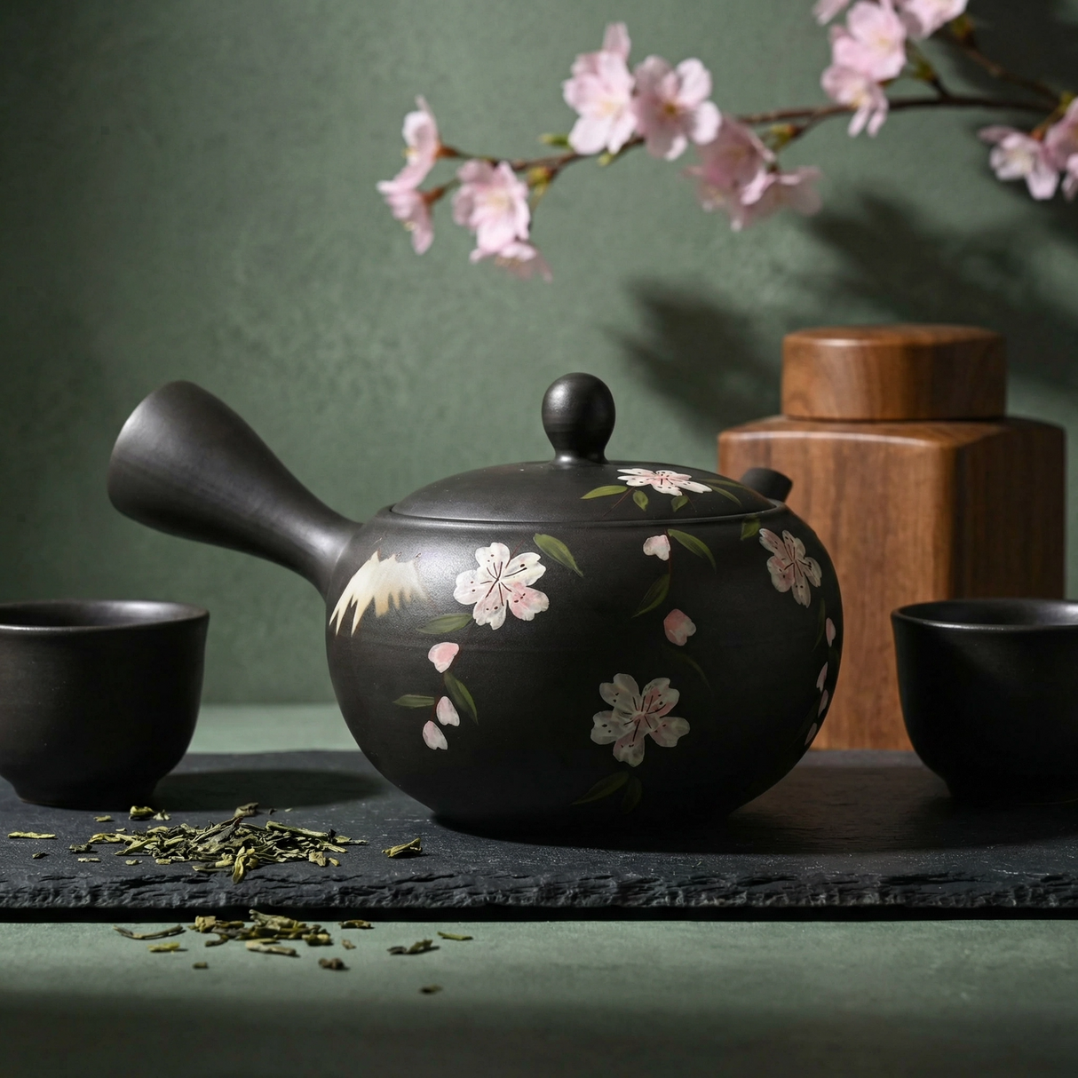 Handmade Dark Brown Pink Sakura Kyusu Teapot: Japanese Loose Leaf Tea Strainer (14.5 fl oz/430ml)