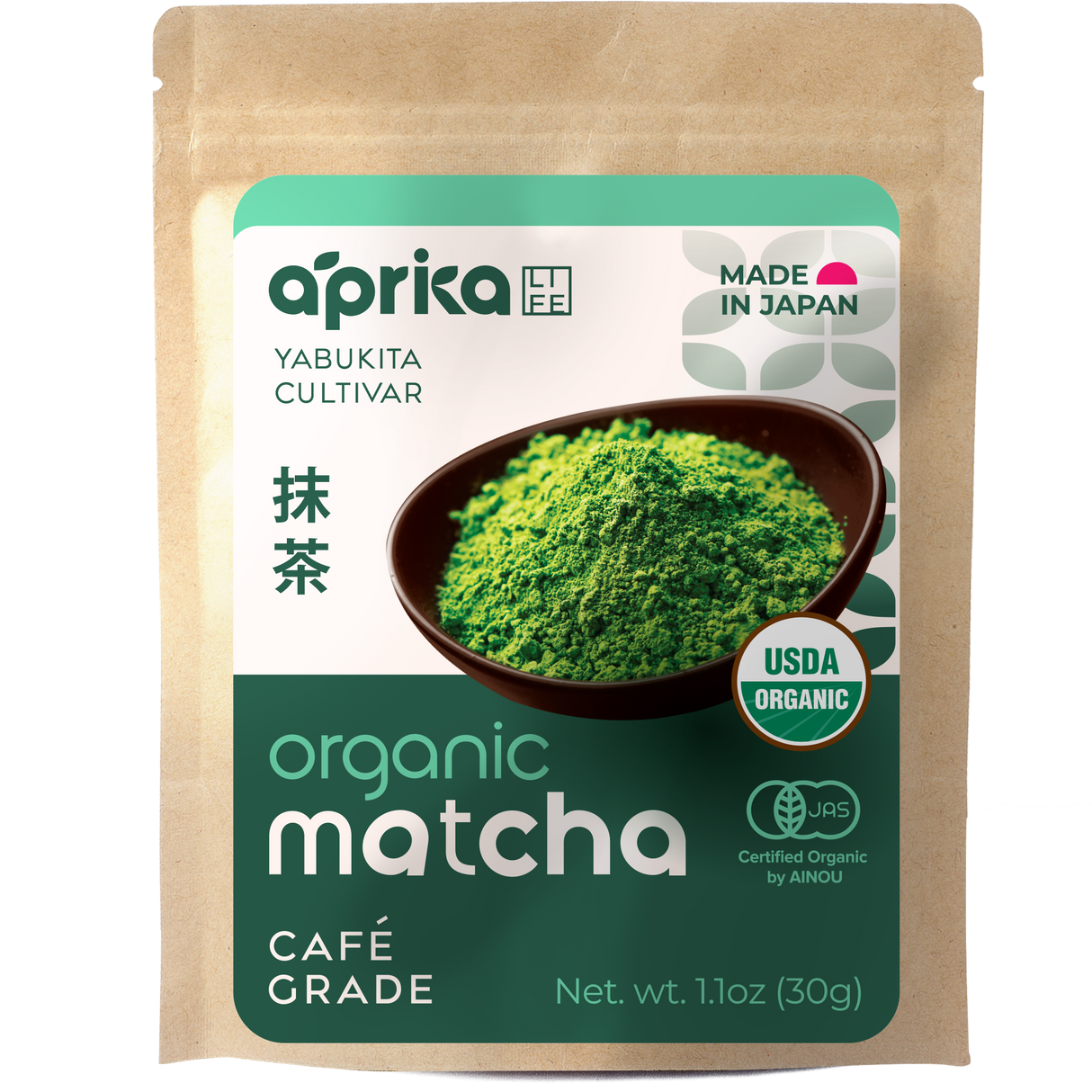 A pouch labeled "aprika" contains Organic Japanese Matcha Green Tea Powder, next to a bowl of vibrant matcha and visible certifications.