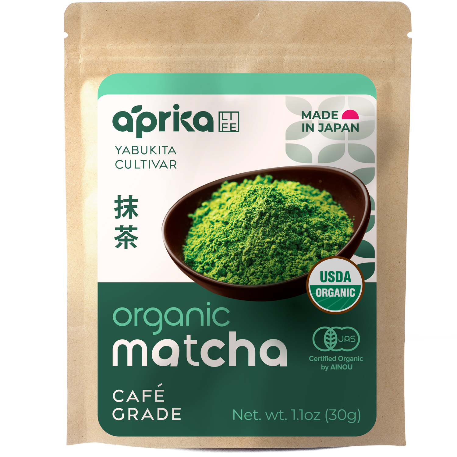 A pouch labeled "aprika" contains Organic Japanese Matcha Green Tea Powder, next to a bowl of vibrant matcha and visible certifications.