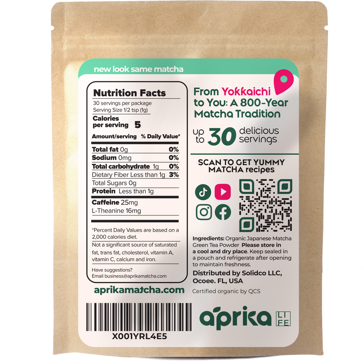 Front of Organic Japanese Matcha Green Tea Powder bag displays nutrition facts, QR code, and serving info. Made with premium Japanese Yabukita Matcha for a superior cafe-grade matcha experience.