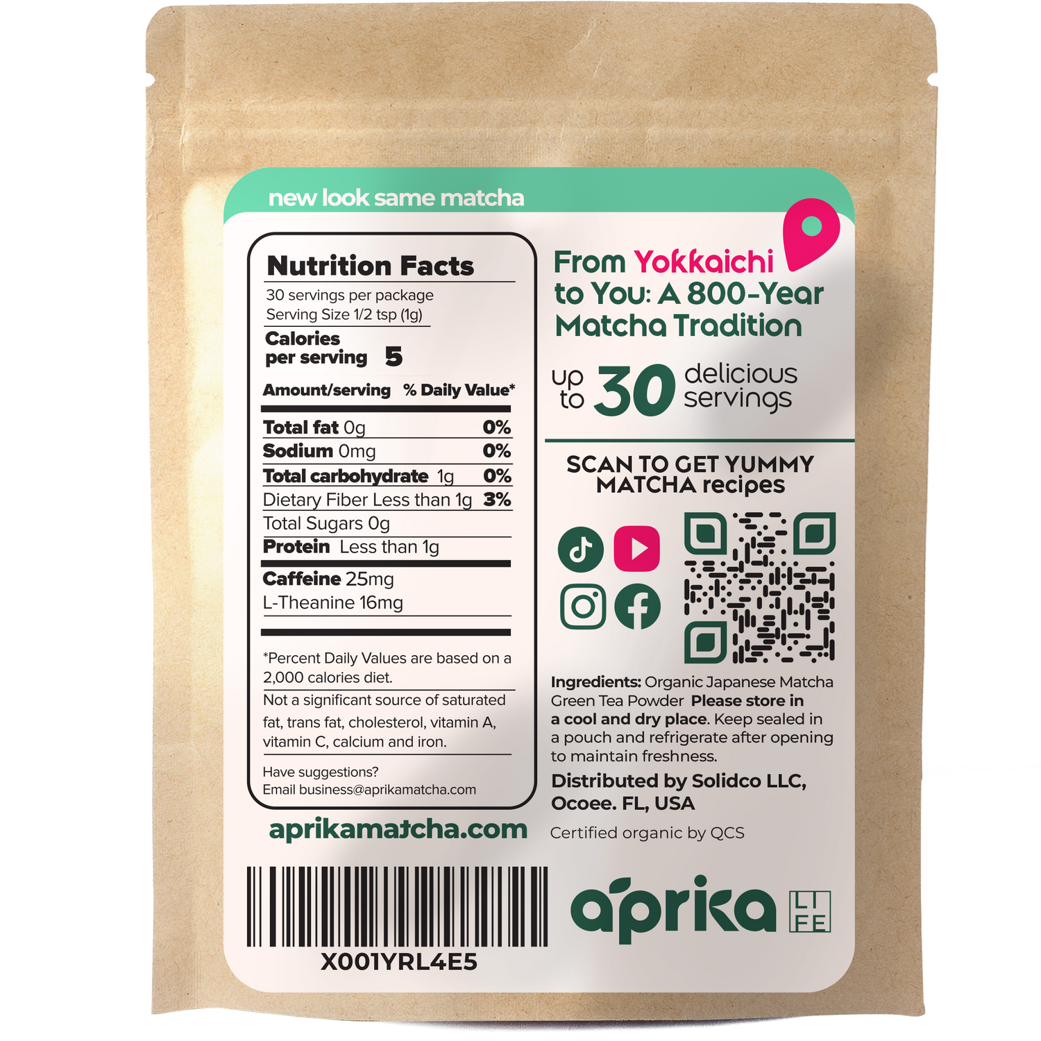 Front of Organic Japanese Matcha Green Tea Powder bag displays nutrition facts, QR code, and serving info. Made with premium Japanese Yabukita Matcha for a superior cafe-grade matcha experience.