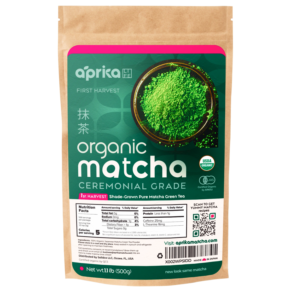 A brown bag of Organic Japanese Ceremonial Grade Matcha Green Tea Powder (WHOLESALE), known for its authentic Japanese origin and premium 1st harvest quality, features a vibrant green bowl of matcha powder on the label.