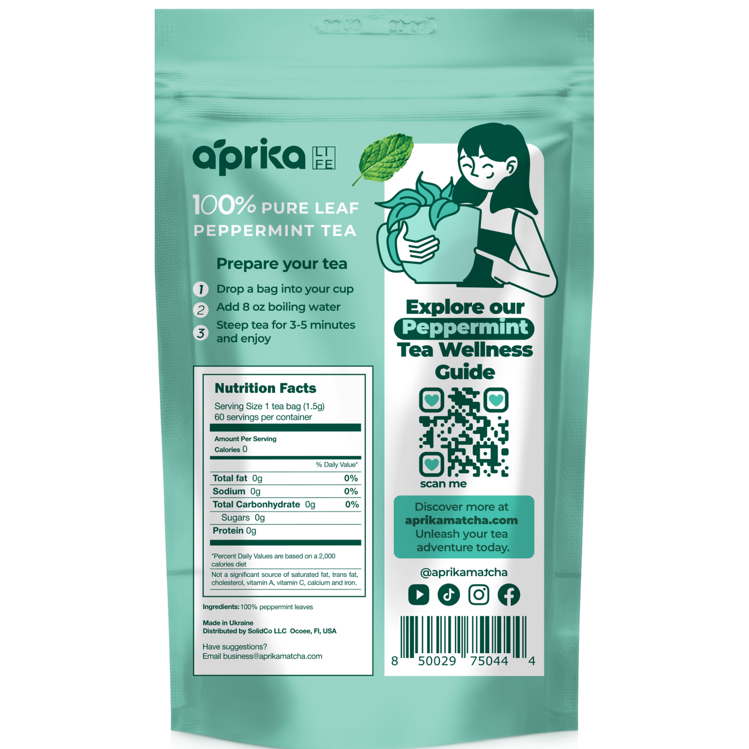 The 100% Pure Peppermint Herbal Tea, 60 Bags, packaging emphasizes its caffeine-free nature and includes brewing instructions and a wellness guide QR code, highlighting the health benefits of this refreshing brew.