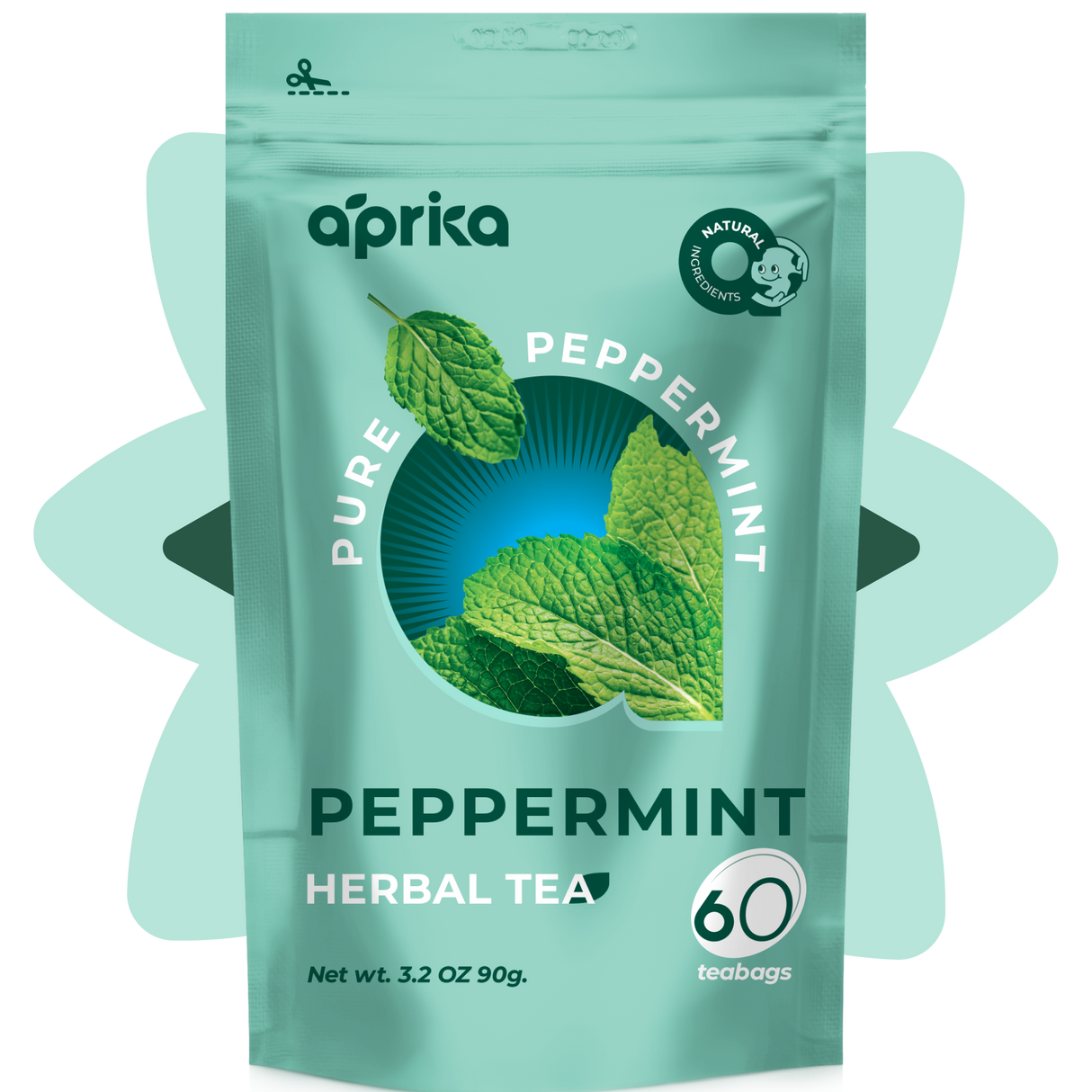 A teal package of 100% Pure Peppermint Herbal Tea, with mint leaves and a cute penguin logo, is caffeine-free and offers numerous health benefits. It contains 60 teabags for a refreshing experience.