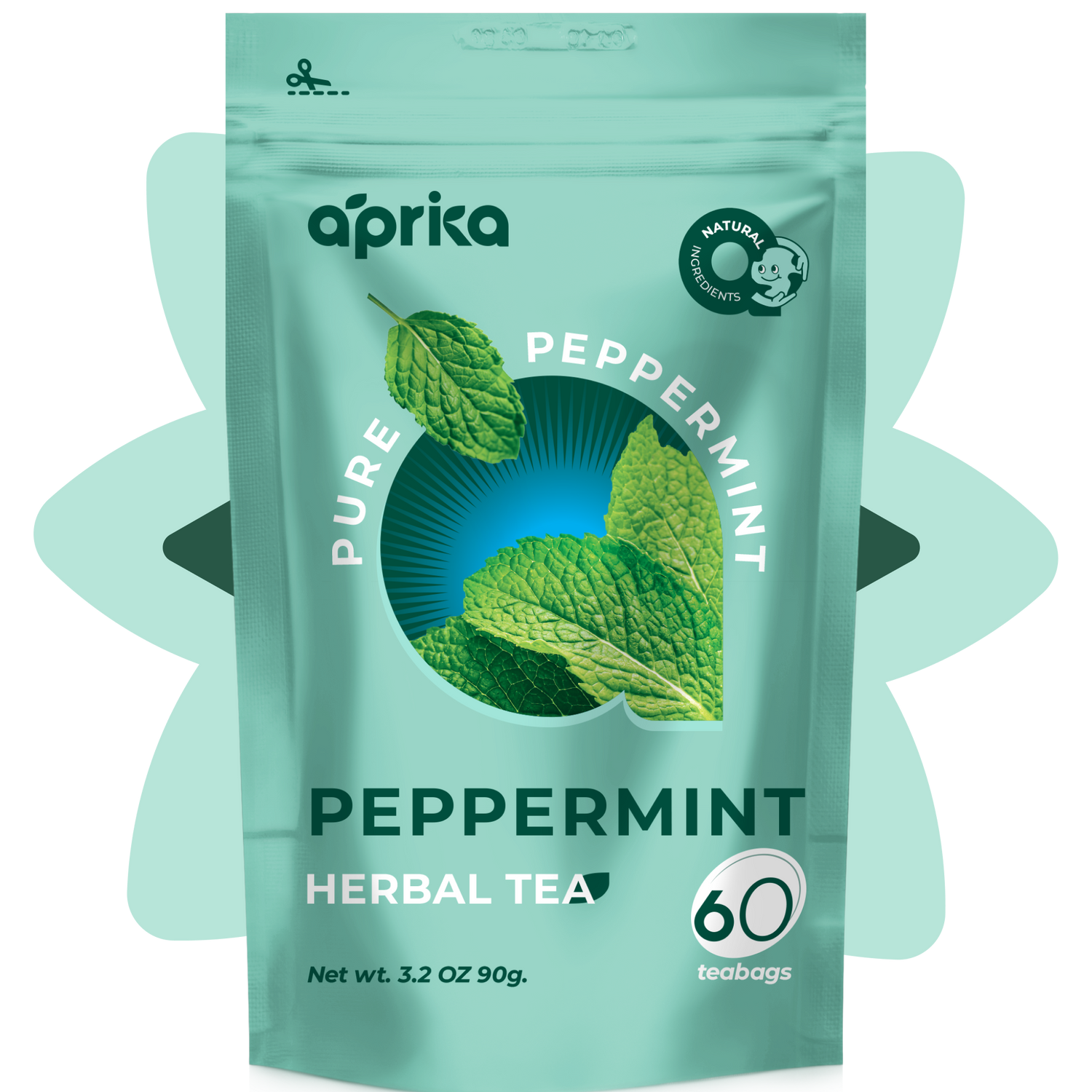 A teal package of 100% Pure Peppermint Herbal Tea, with mint leaves and a cute penguin logo, is caffeine-free and offers numerous health benefits. It contains 60 teabags for a refreshing experience.