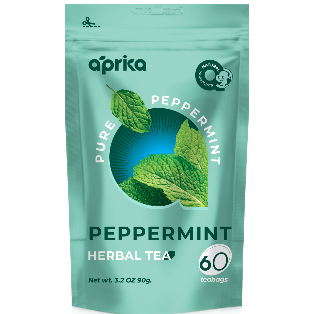 The 100% Pure Peppermint Herbal Tea, caffeine-free with lush green leaf packaging, includes 60 bags totaling 3.2 oz and the text "Pure Peppermint," offering delightful health benefits in every sip.