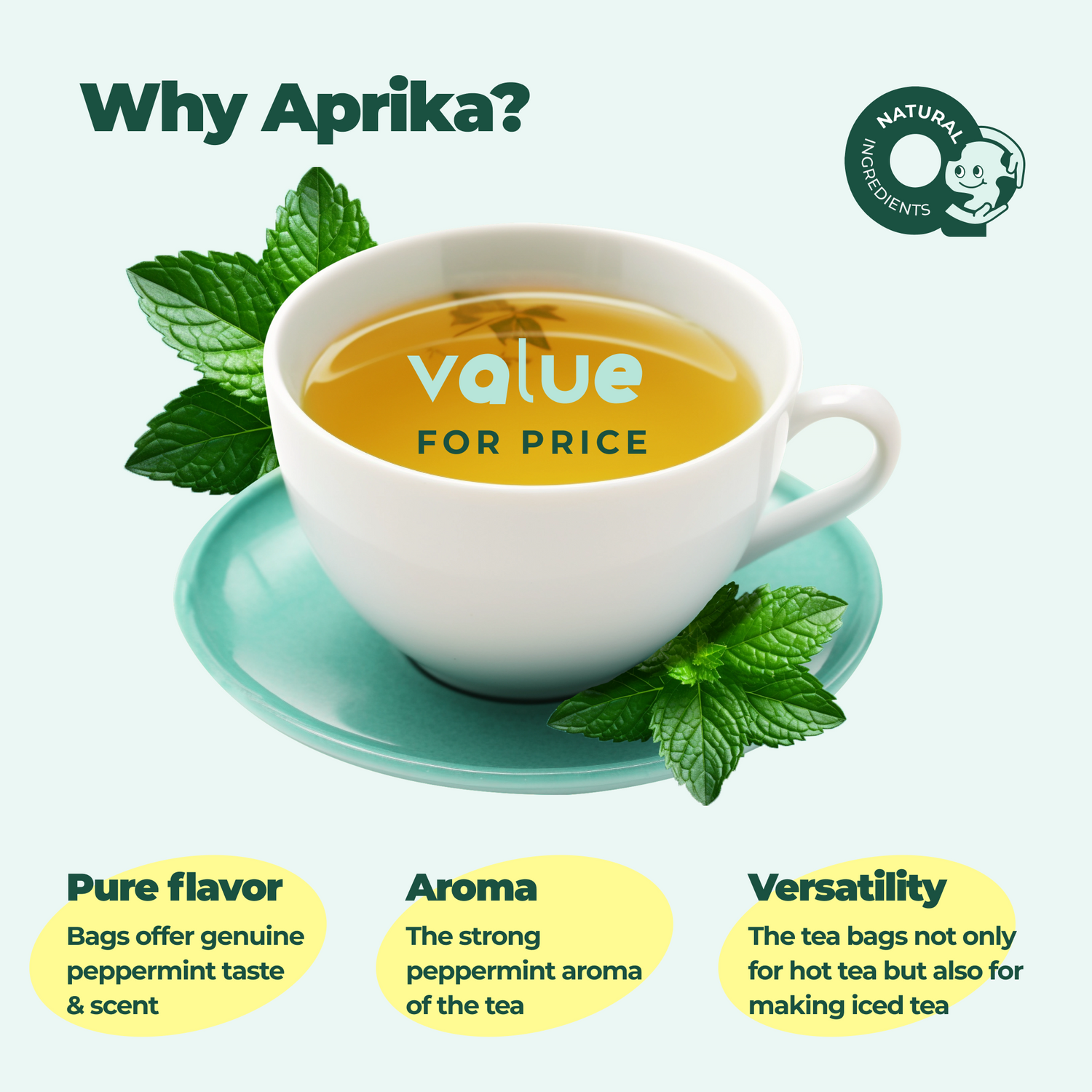 A cup of 100% Pure Peppermint Herbal Tea, caffeine-free and served on a saucer, emphasizes its value, health benefits, aroma, pure flavor, and versatility.