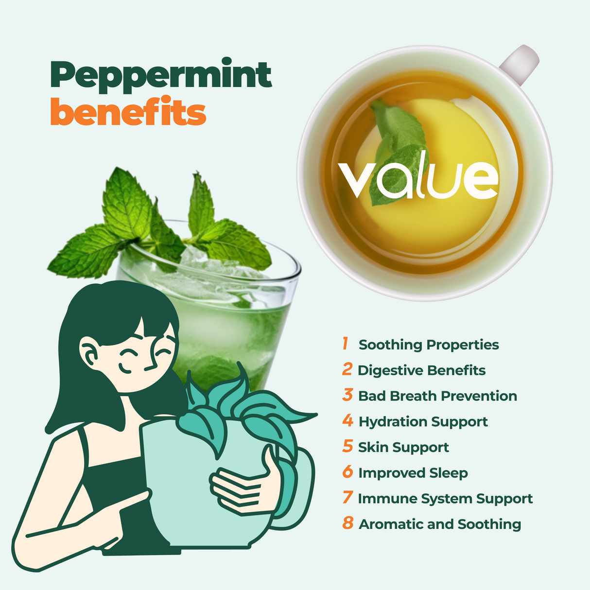 The health benefits of peppermint are showcased with the caffeine-free 100% Pure Peppermint Herbal Tea, featuring a graphic of a woman holding a plant pot.