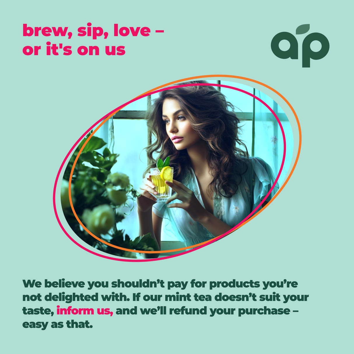 A woman enjoys 100% Pure Peppermint Herbal Tea, caffeine-free and surrounded by lush plants; a refund is available if not satisfied.