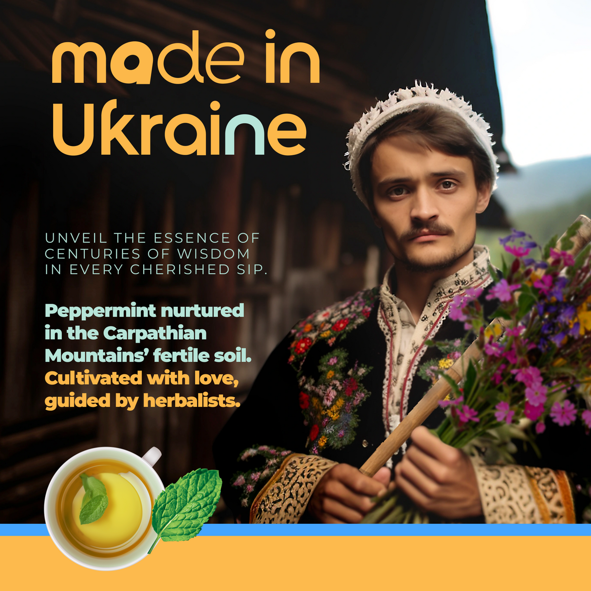 A man in traditional Ukrainian attire holds vibrant flowers beside a graphic of 100% Pure Peppermint Herbal Tea, 60 Bags, emphasizing the caffeine-free health benefits of Carpathian herbs.