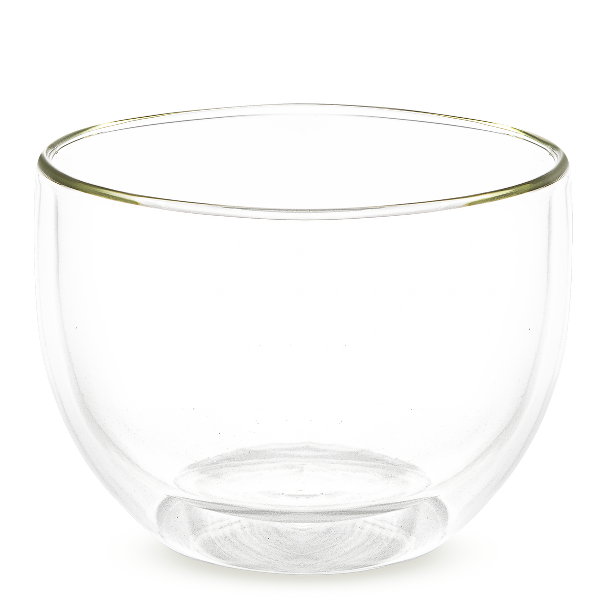 The Double Sided Glass Bowl is round and transparent, ideal for enjoying green teas, shown against a simple backdrop.